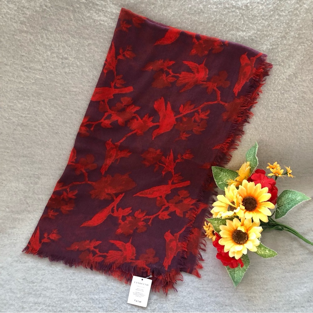 NWT - Lands’ End Red & Purple Bird Print Wrap Scarf